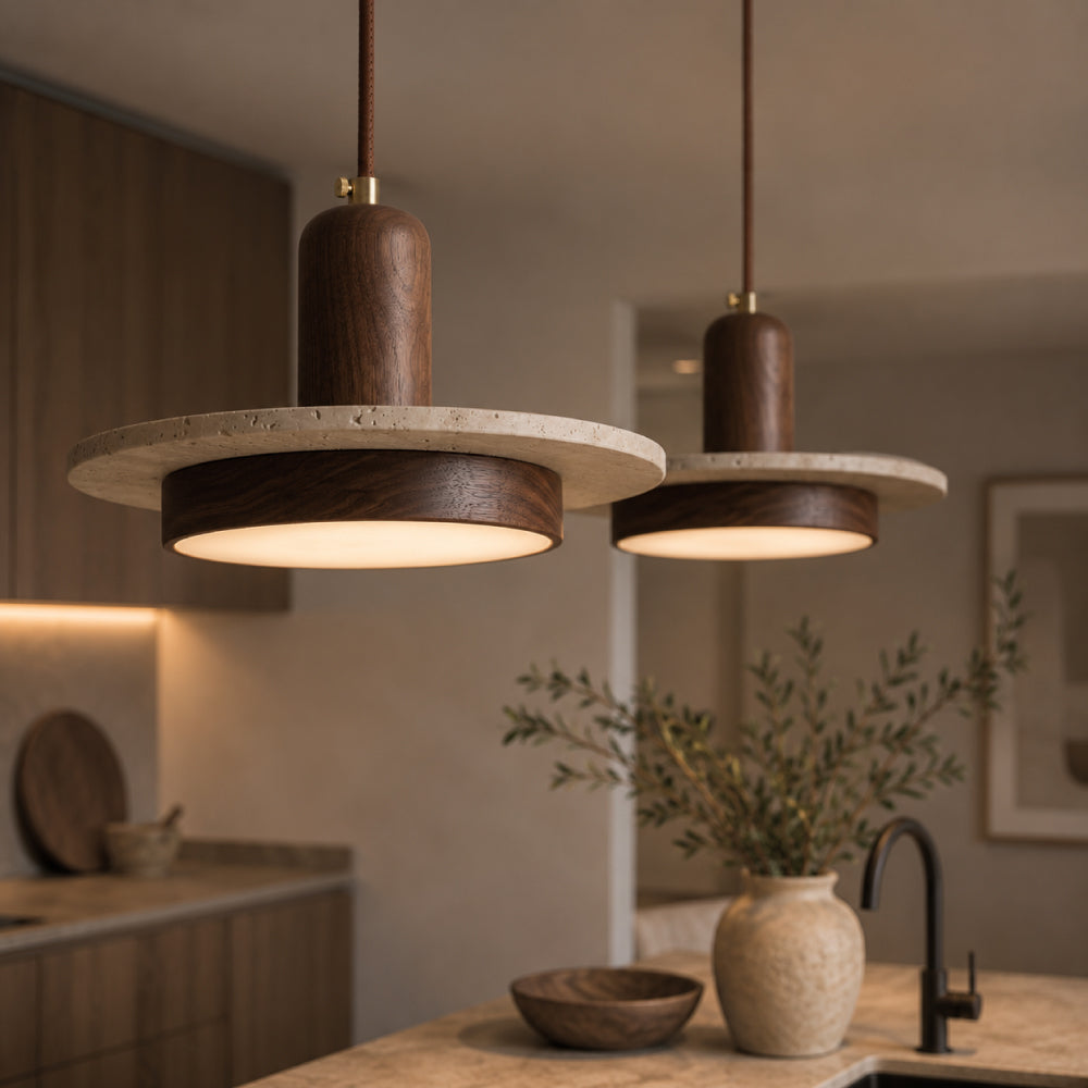 Travertine Pendant Light – Scandinavian Design with Wood Details for Dining Tables