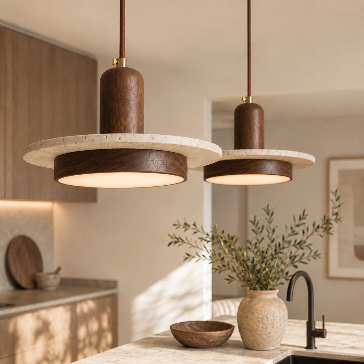 Travertine Pendant Light – Scandinavian Design with Wood Details for Dining Tables