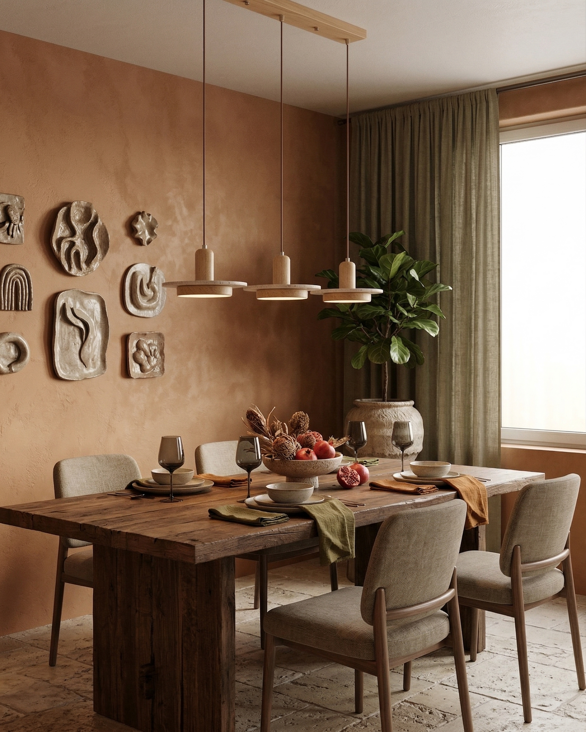 Travertine Pendant Light – Scandinavian Design with Wood Details for Dining Tables