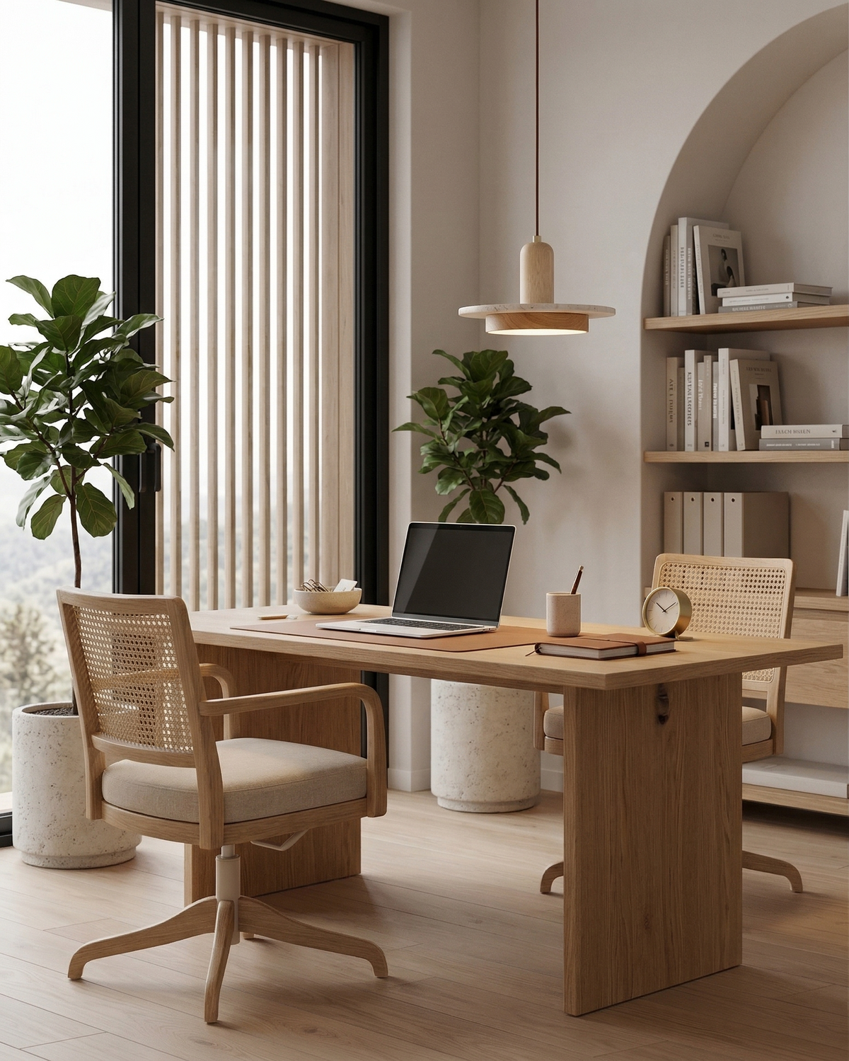Travertine Pendant Light – Scandinavian Design with Wood Details for Dining Tables