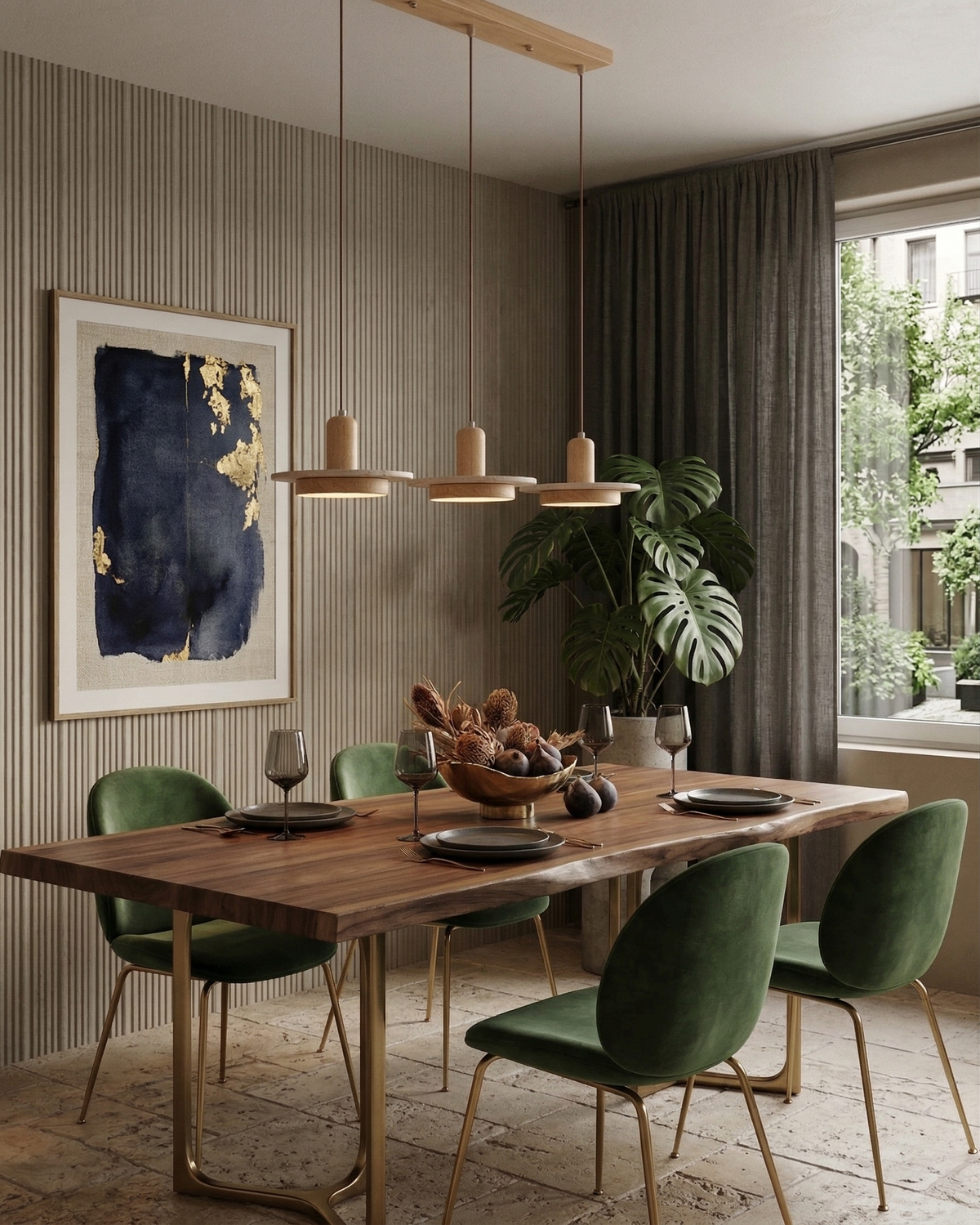 Travertine Pendant Light – Scandinavian Design with Wood Details for Dining Tables