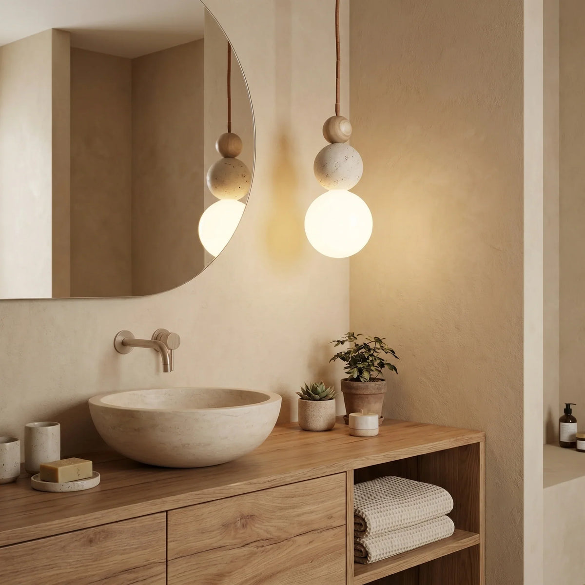 Travertine Pendant Light – Three Stacked Spheres in Sculptural Design