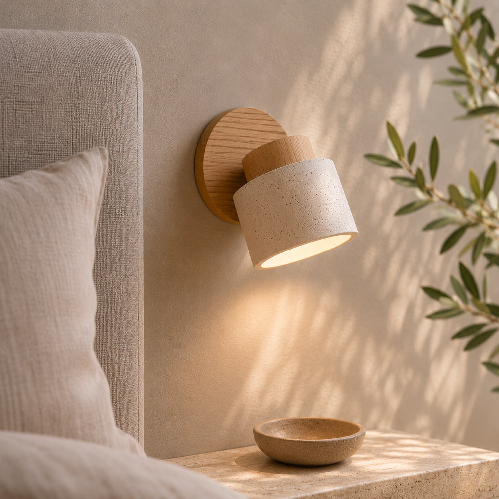 Travertine Wall Light – Rotating Cylinder with Wood Detail for Elegant Interiors