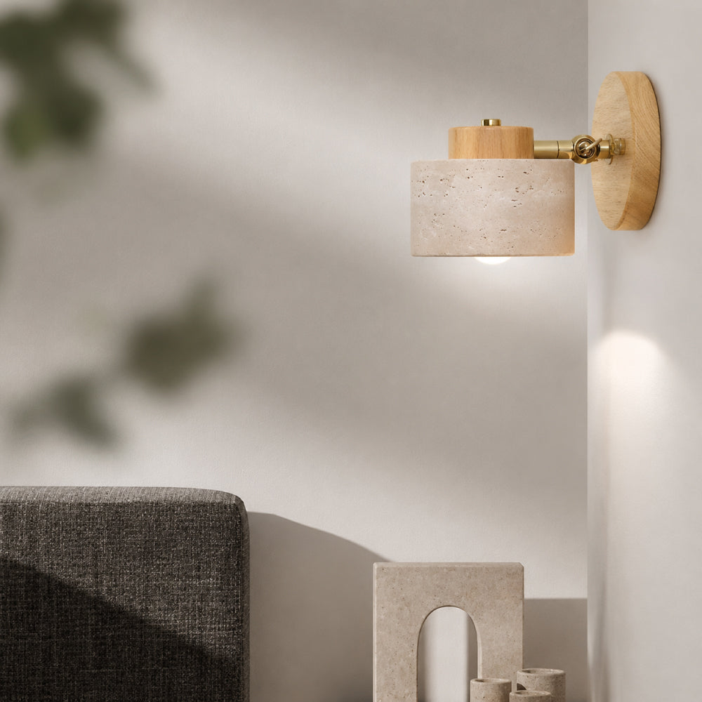 Travertine Wall Light – Rotating Cylinder with Wood Detail for Elegant Interiors