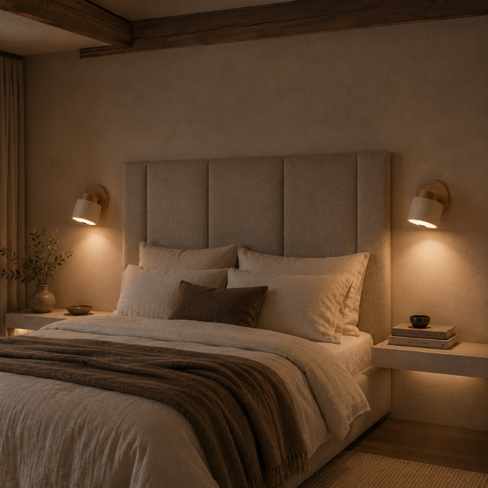Travertine Wall Light – Rotating Cylinder with Wood Detail for Elegant Interiors