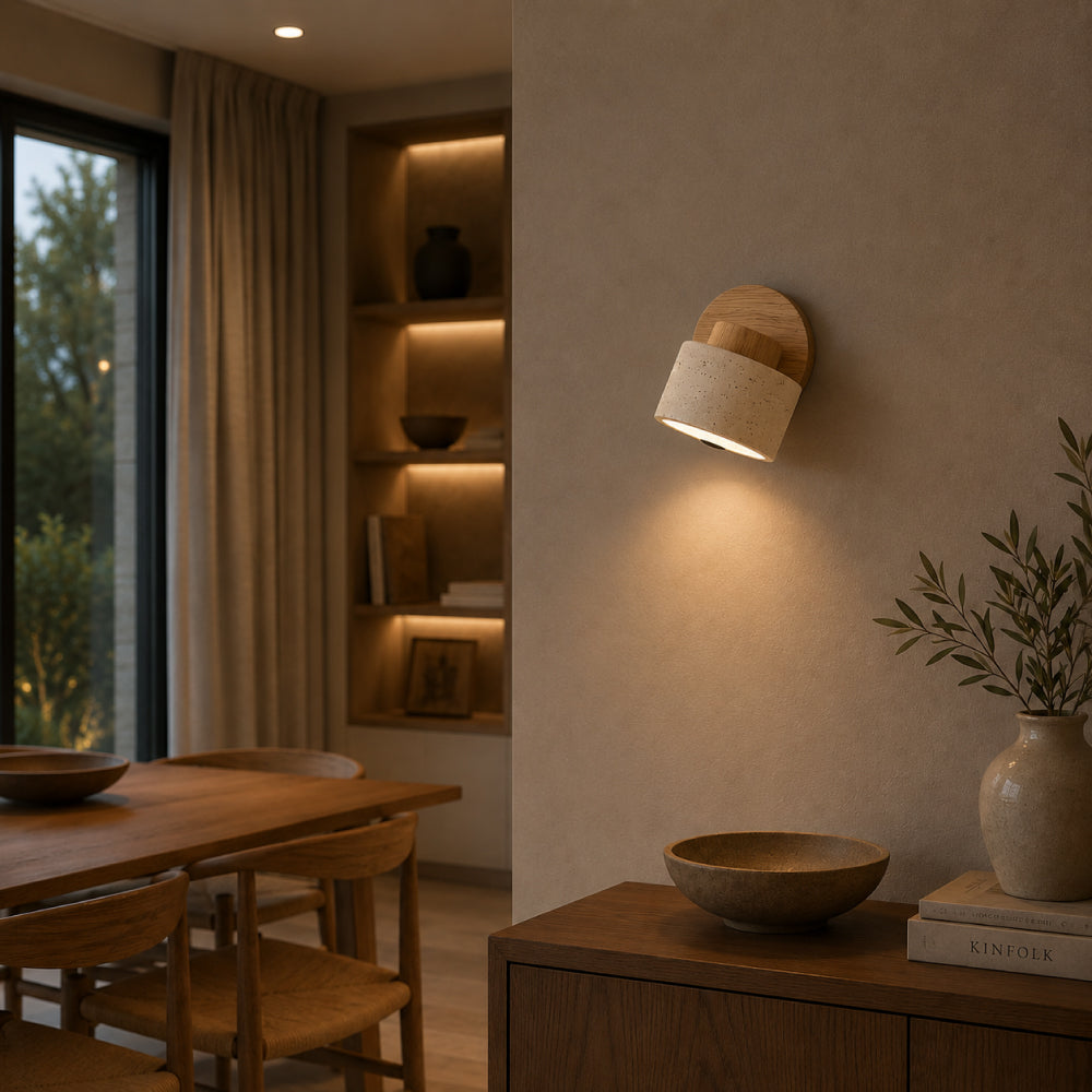 Travertine Wall Light – Rotating Cylinder with Wood Detail for Elegant Interiors