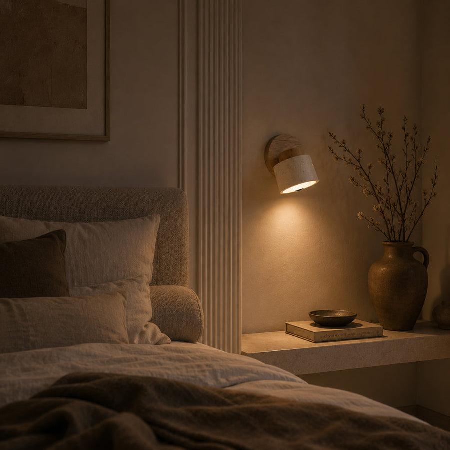 Travertine Wall Light – Rotating Cylinder with Wood Detail for Elegant Interiors