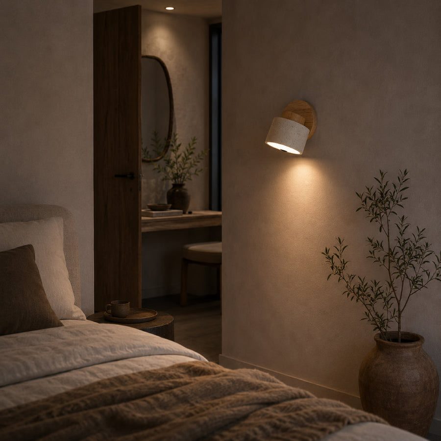 Travertine Wall Light – Rotating Cylinder with Wood Detail for Elegant Interiors