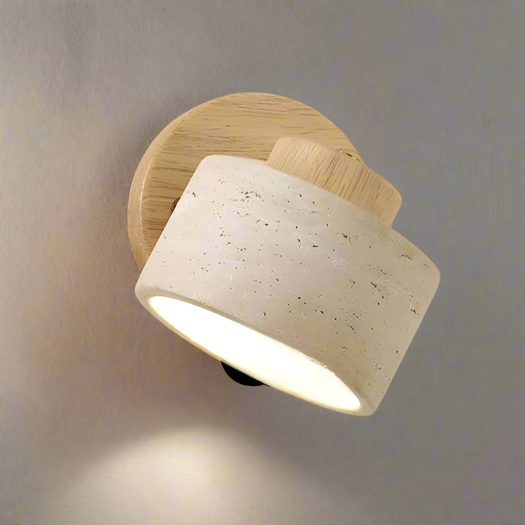 Travertine Wall Light – Rotating Cylinder with Wood Detail for Elegant Interiors