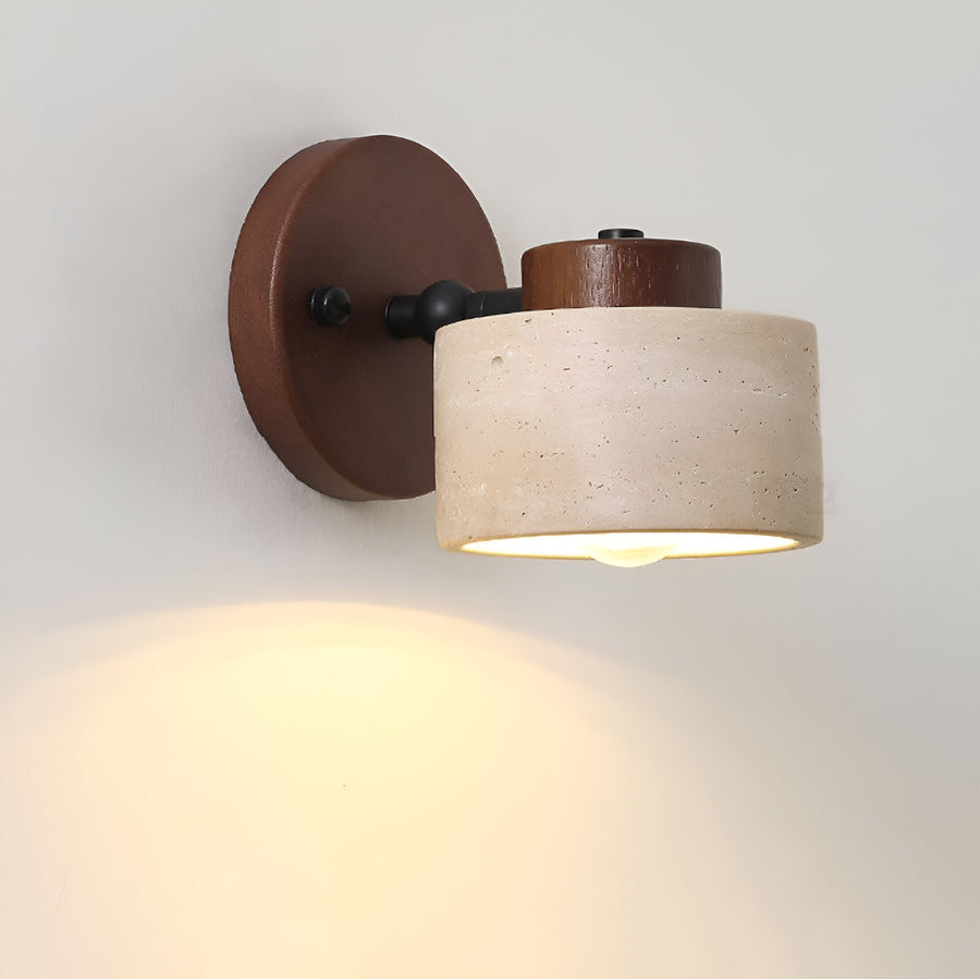 Travertine Wall Light – Rotating Cylinder with Wood Detail for Elegant Interiors