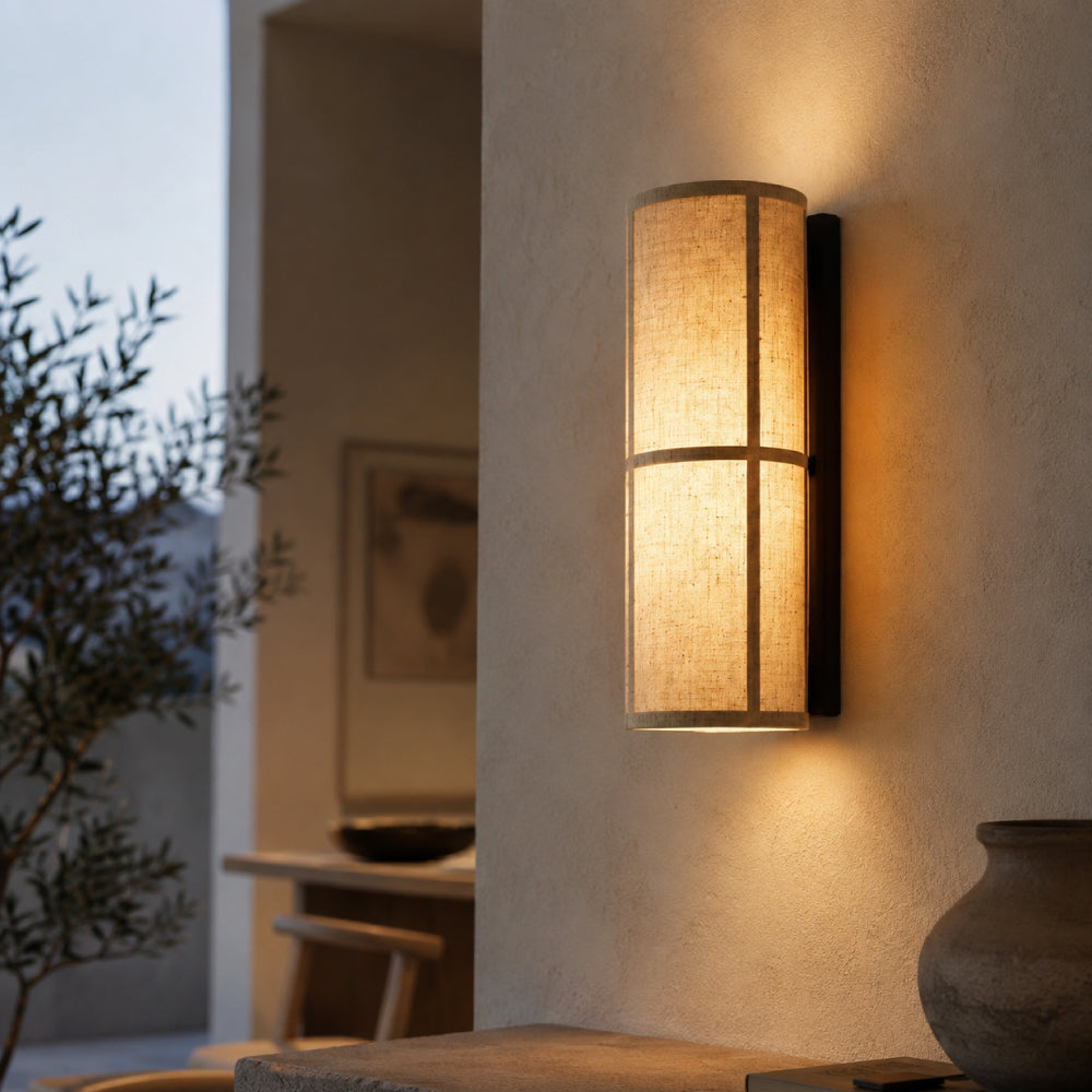 Natural Textile Wall Light – Cylindrical Shade with Black Metal Frame