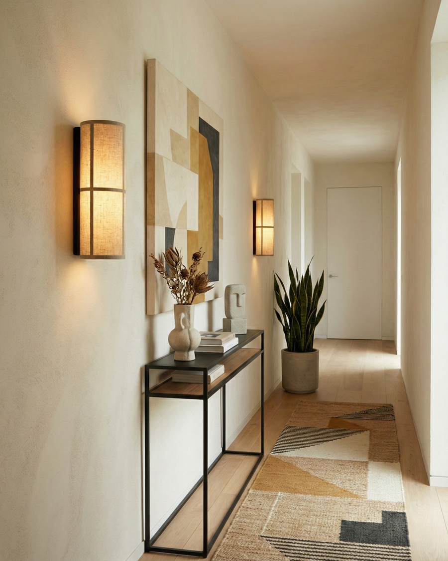 Natural Textile Wall Light – Cylindrical Shade with Black Metal Frame