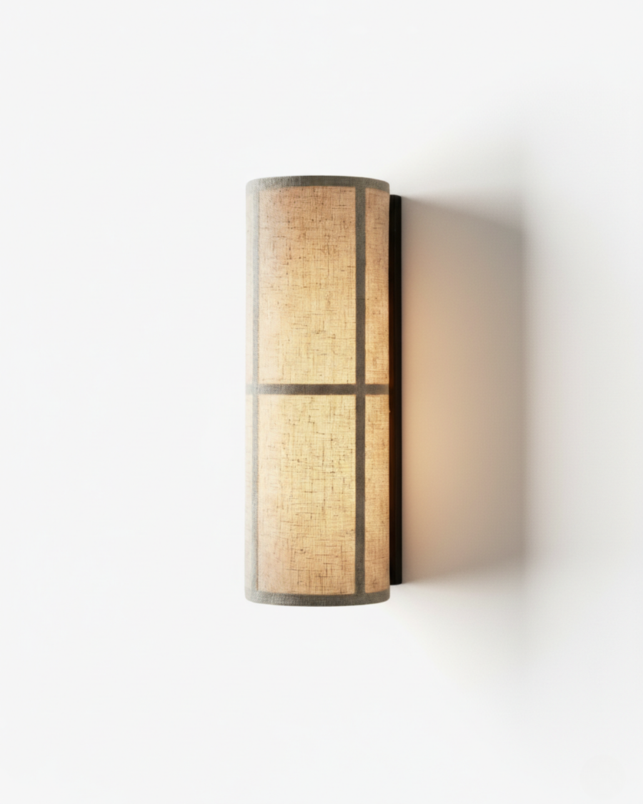 Natural Textile Wall Light – Cylindrical Shade with Black Metal Frame