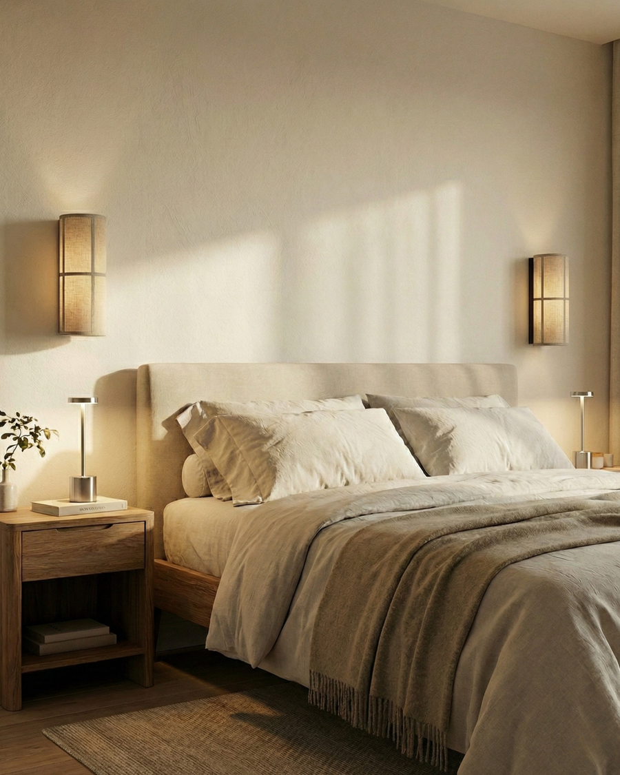 Natural Textile Wall Light – Cylindrical Shade with Black Metal Frame