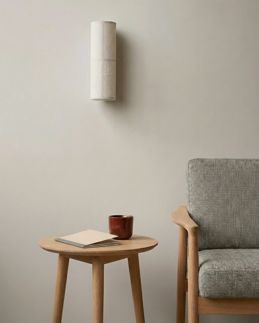 Natural Textile Wall Light – Cylindrical Shade with Black Metal Frame