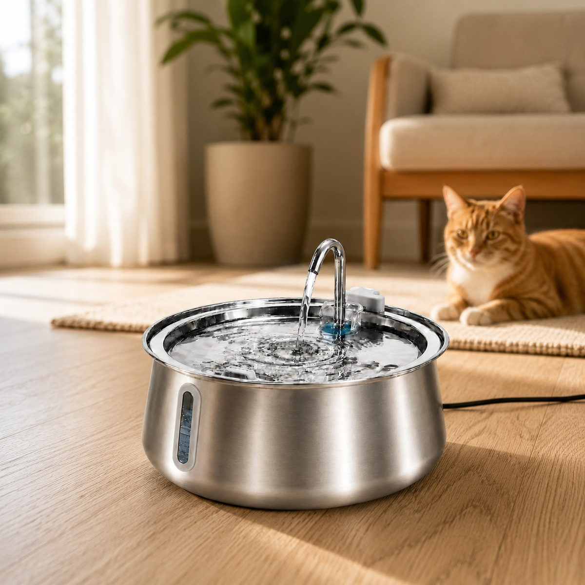 Stainless Steel Cat Water Fountain – 4L with Water Level Window