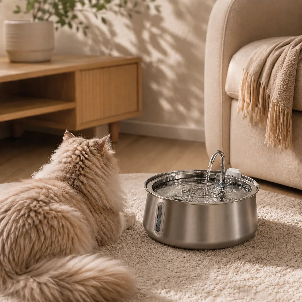 Stainless Steel Cat Water Fountain – 4L with Water Level Window