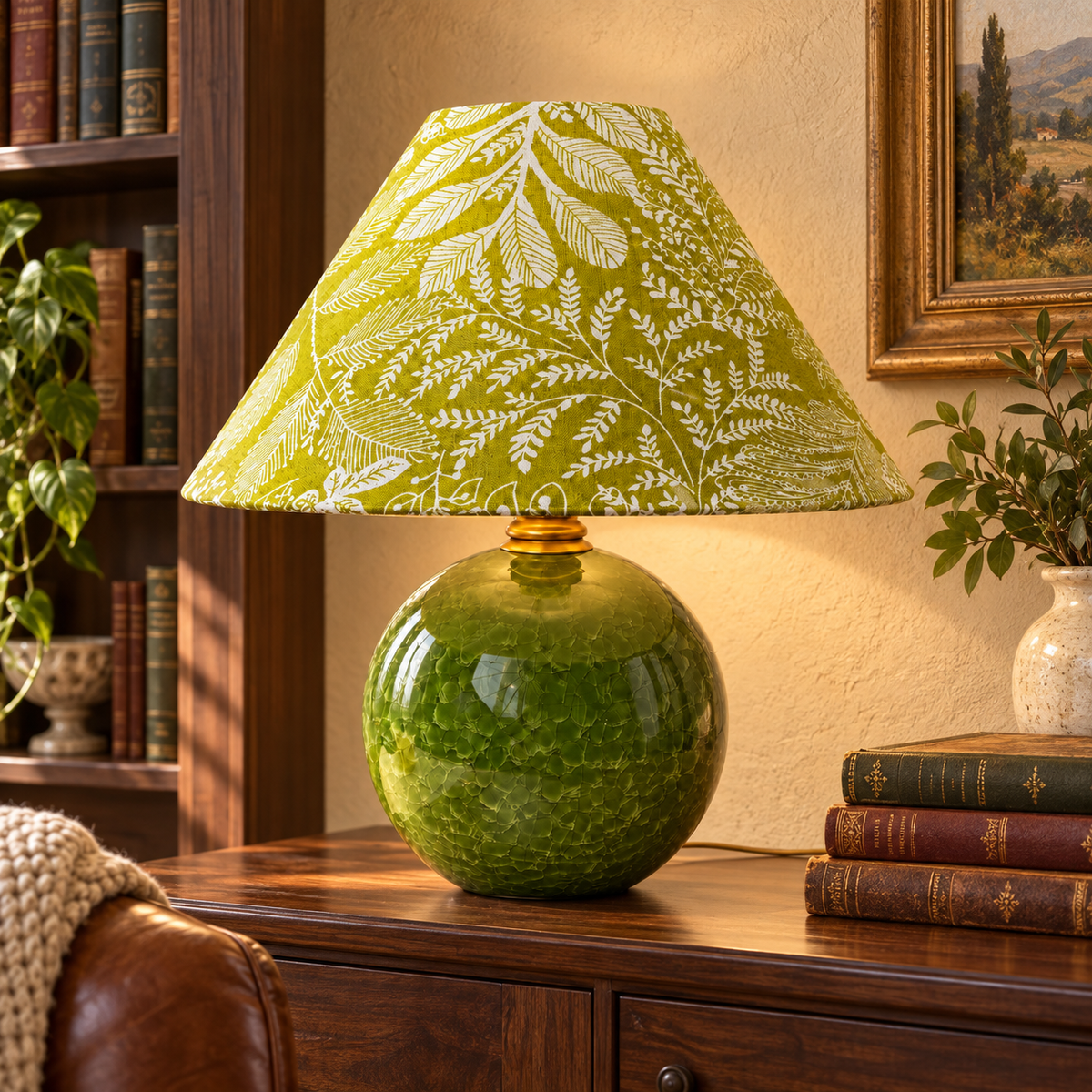 Vintage Table Lamp with Green Fabric Shade and Ceramic Base – Soft Light for Interiors