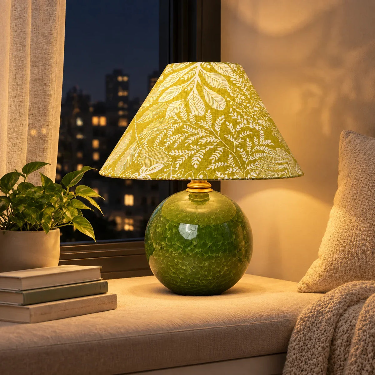 Vintage Table Lamp with Green Fabric Shade and Ceramic Base – Soft Light for Interiors