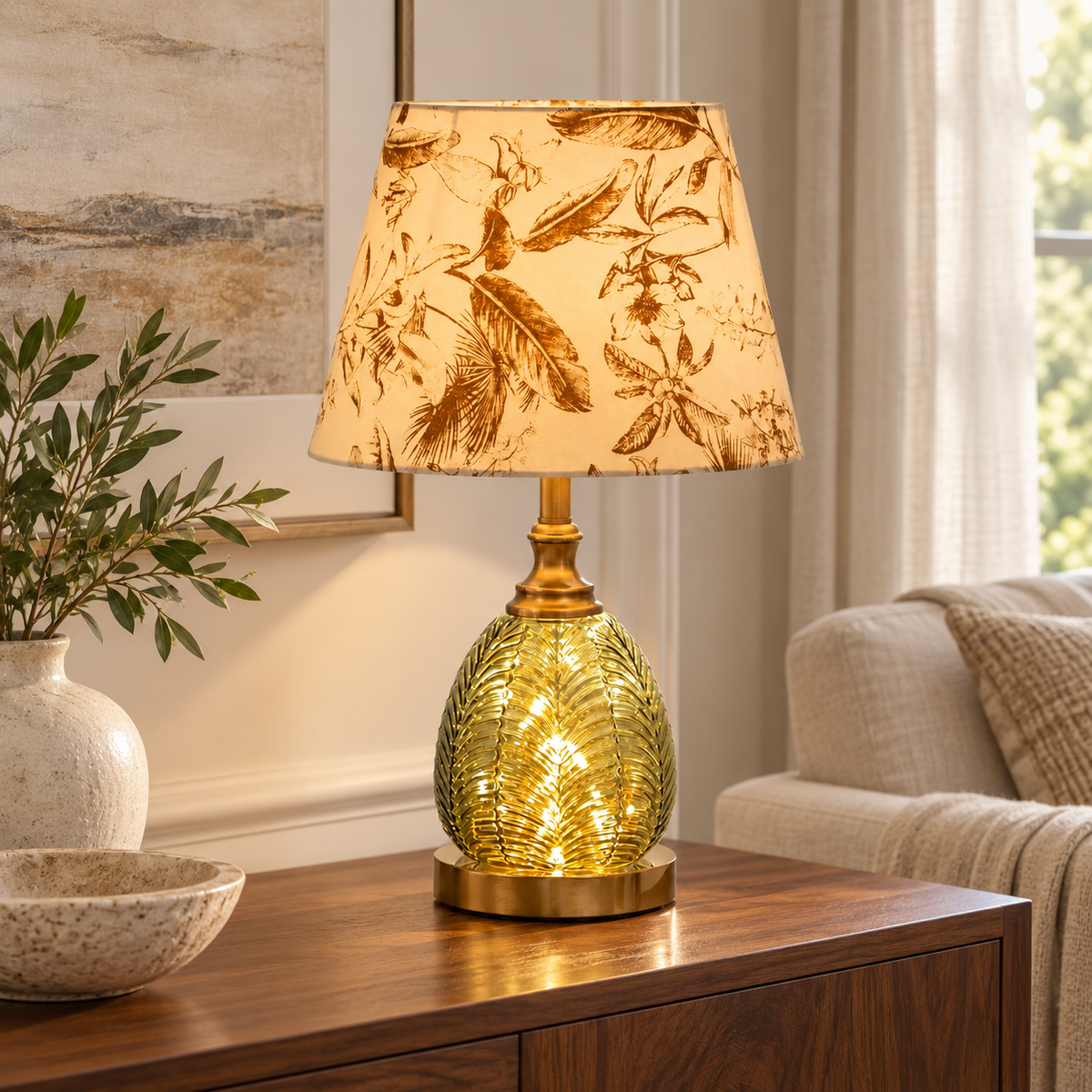 Vintage Table Lamp with Illuminated Leaf Glass Base and Botanical Fabric Shade
