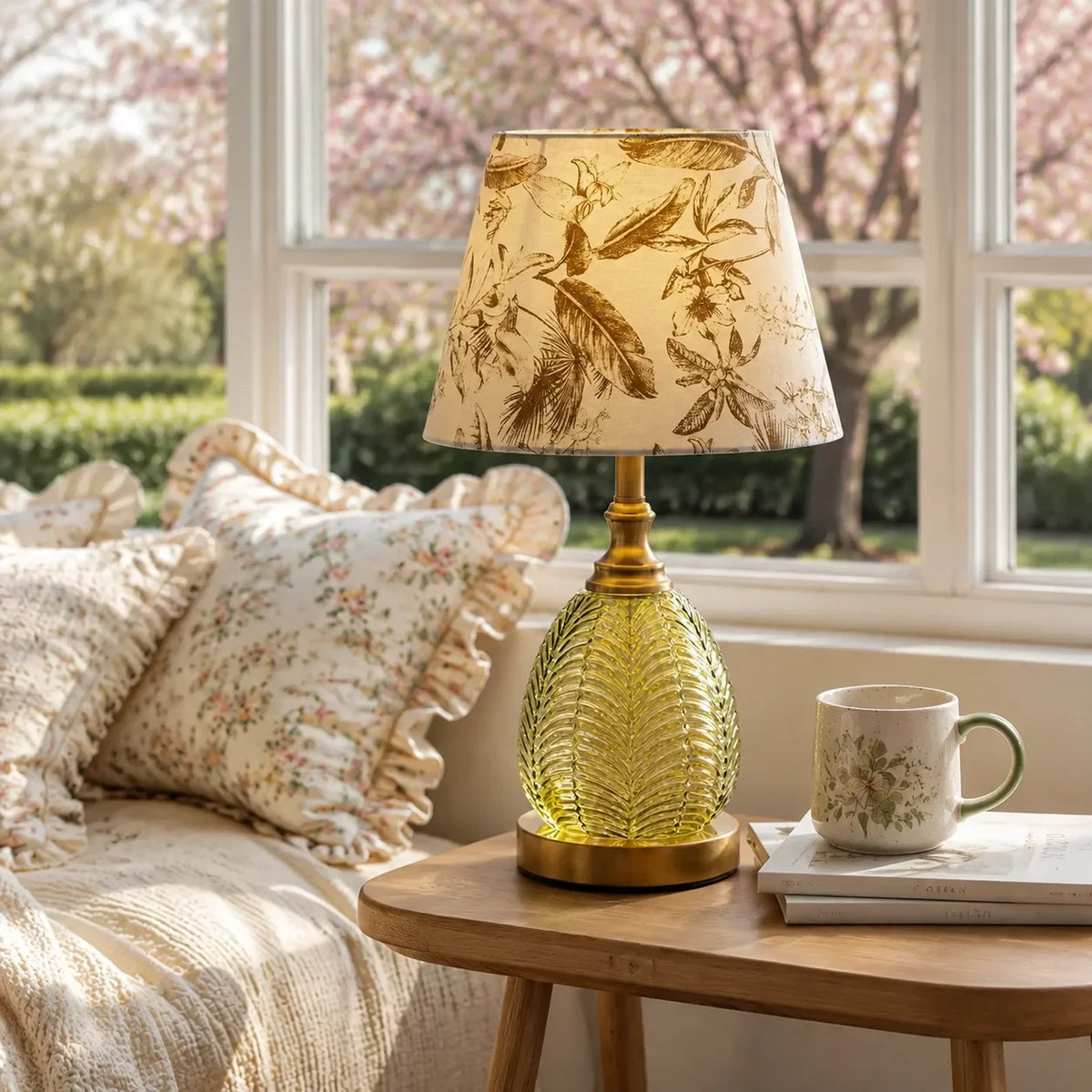 Vintage Table Lamp with Illuminated Leaf Glass Base and Botanical Fabric Shade