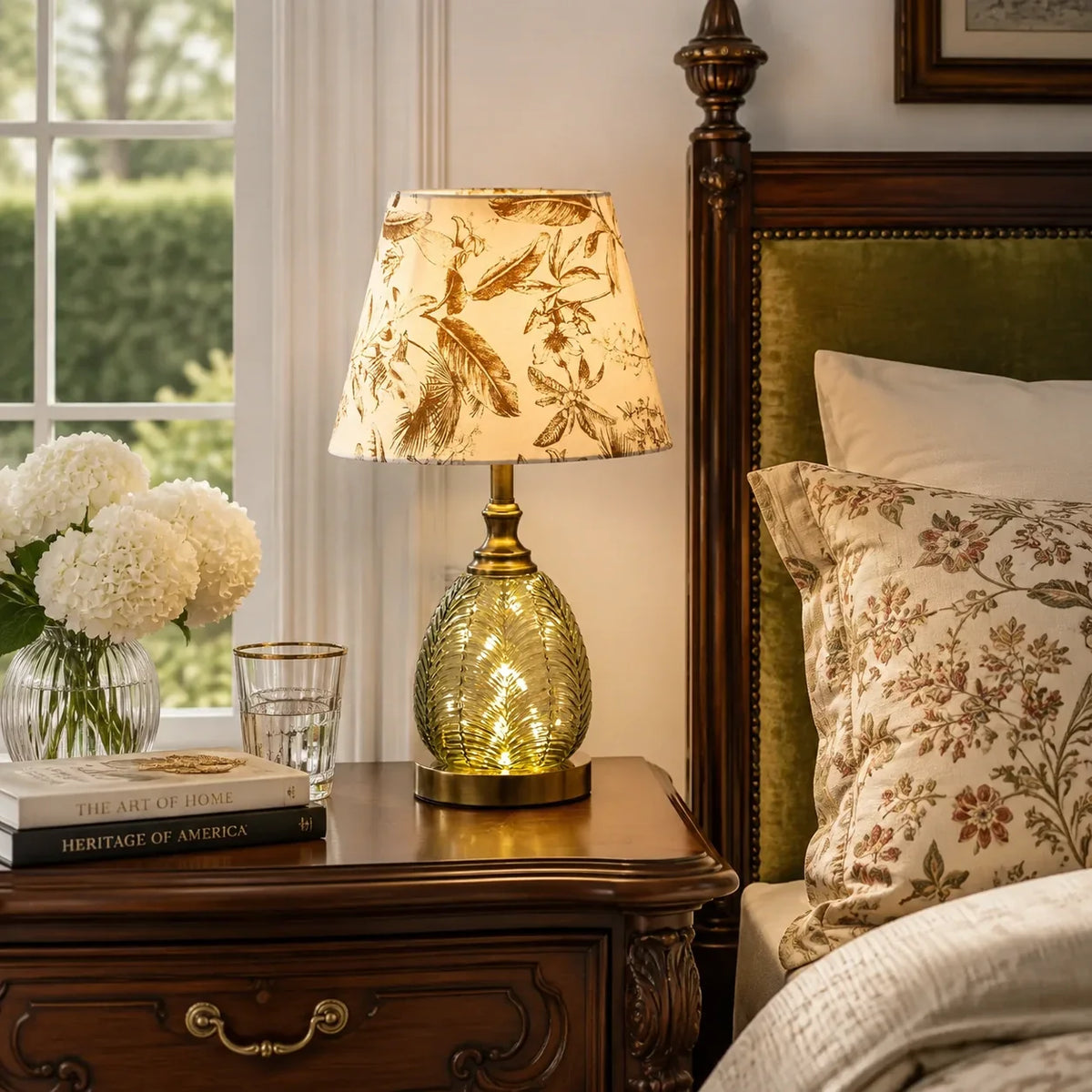 Vintage Table Lamp with Illuminated Leaf Glass Base and Botanical Fabric Shade