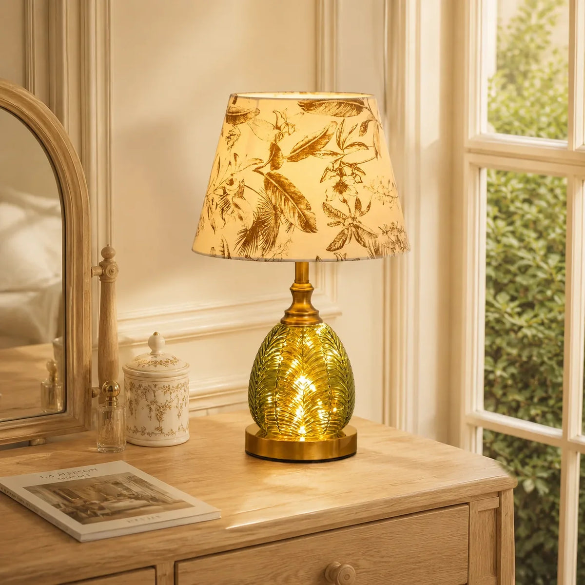 Vintage Table Lamp with Illuminated Leaf Glass Base and Botanical Fabric Shade