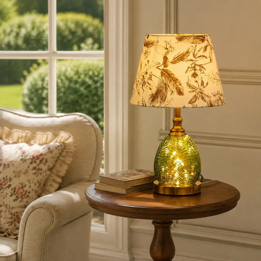 Vintage Table Lamp with Illuminated Leaf Glass Base and Botanical Fabric Shade