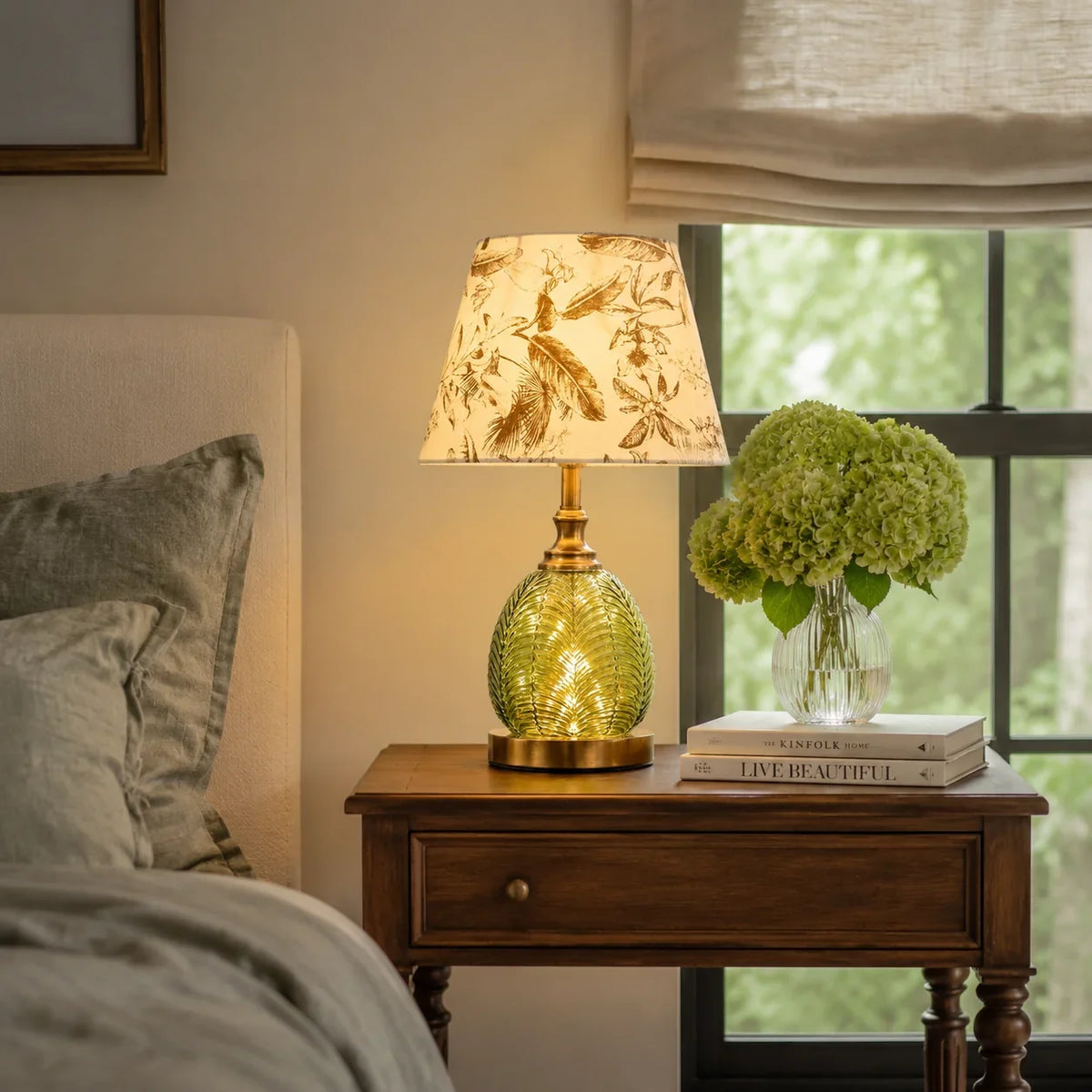 Vintage Table Lamp with Illuminated Leaf Glass Base and Botanical Fabric Shade