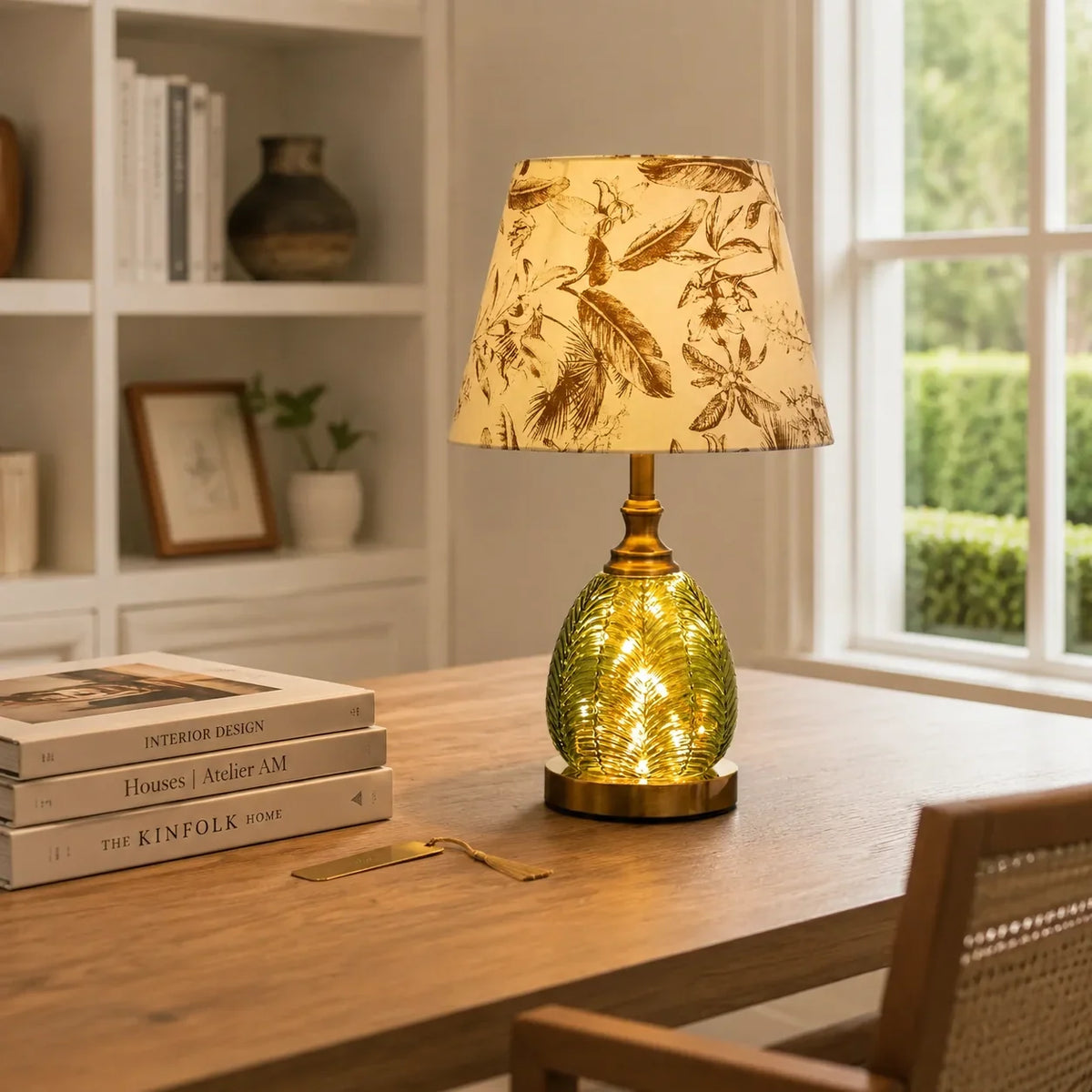 Vintage Table Lamp with Illuminated Leaf Glass Base and Botanical Fabric Shade