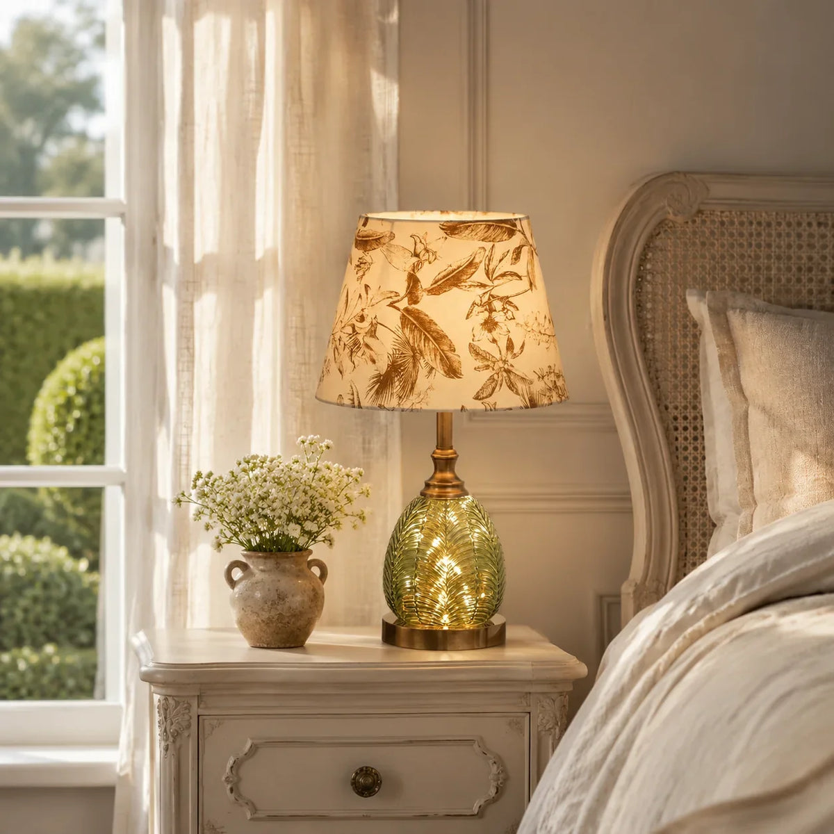 Vintage Table Lamp with Illuminated Leaf Glass Base and Botanical Fabric Shade