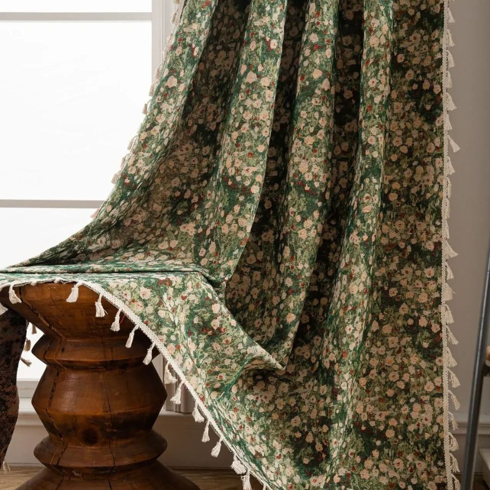 Vintage Microfiber Curtains – Floral Pattern with Tassels for Light Filtering
