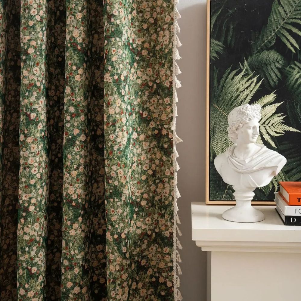 Vintage Microfiber Curtains – Floral Pattern with Tassels for Light Filtering