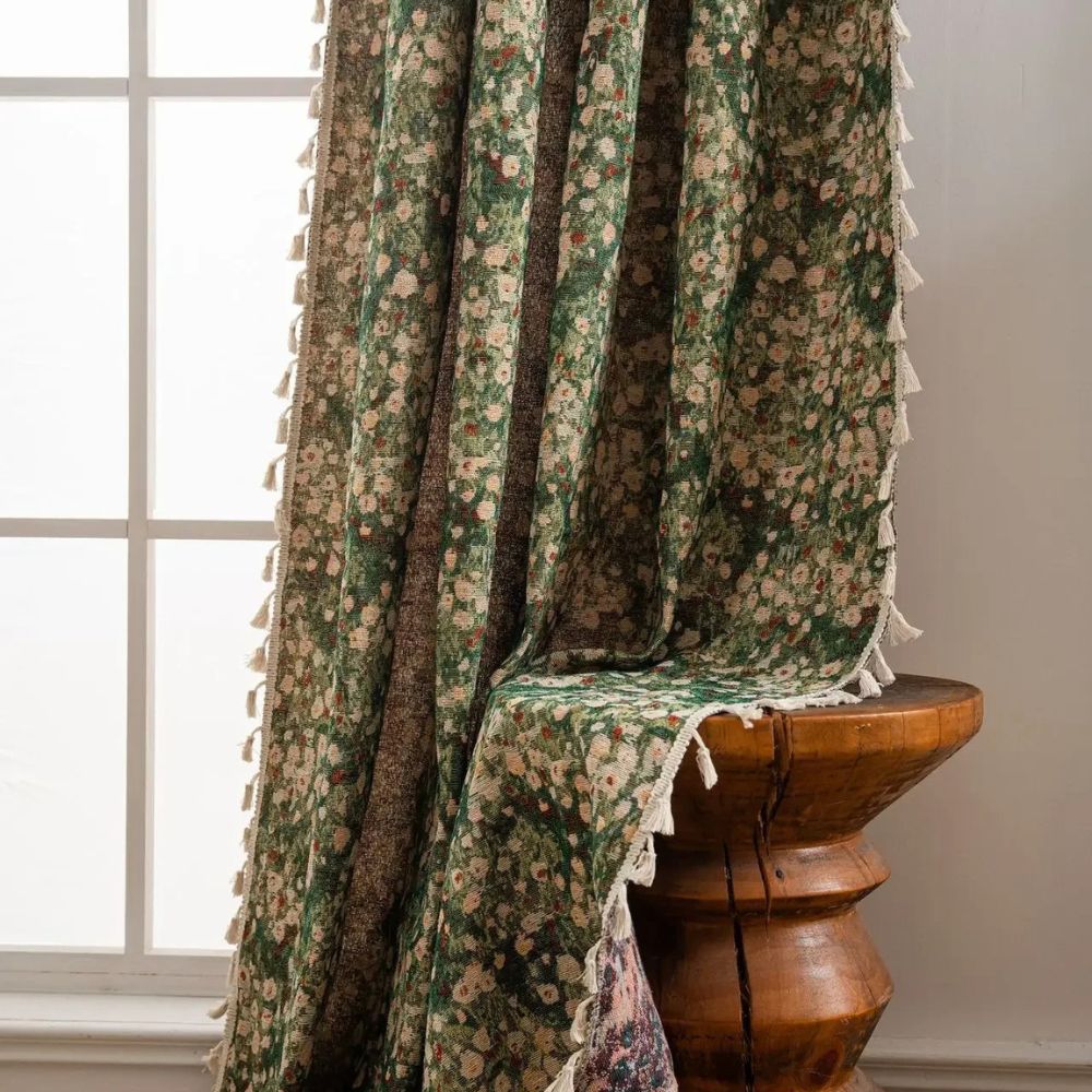 Vintage Microfiber Curtains – Floral Pattern with Tassels for Light Filtering