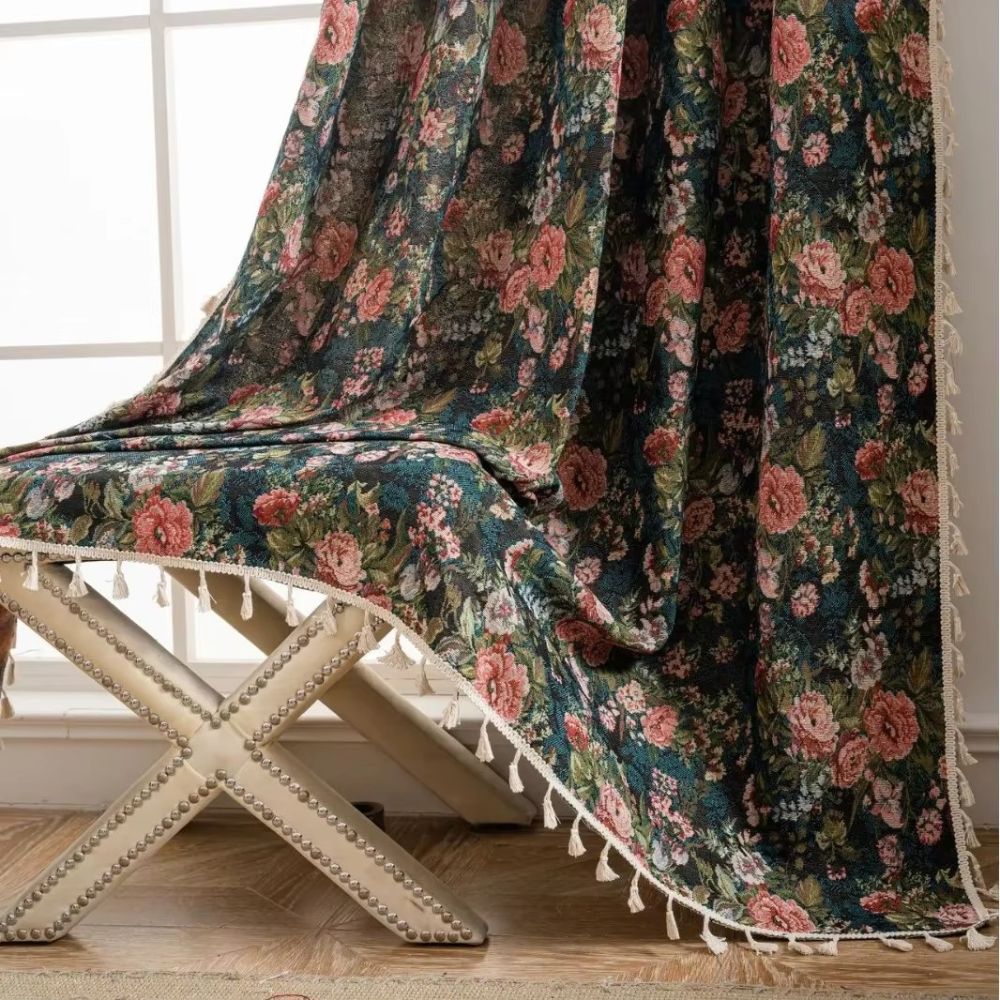 Vintage Microfiber Curtains – Floral Pattern with Tassels for Light Filtering