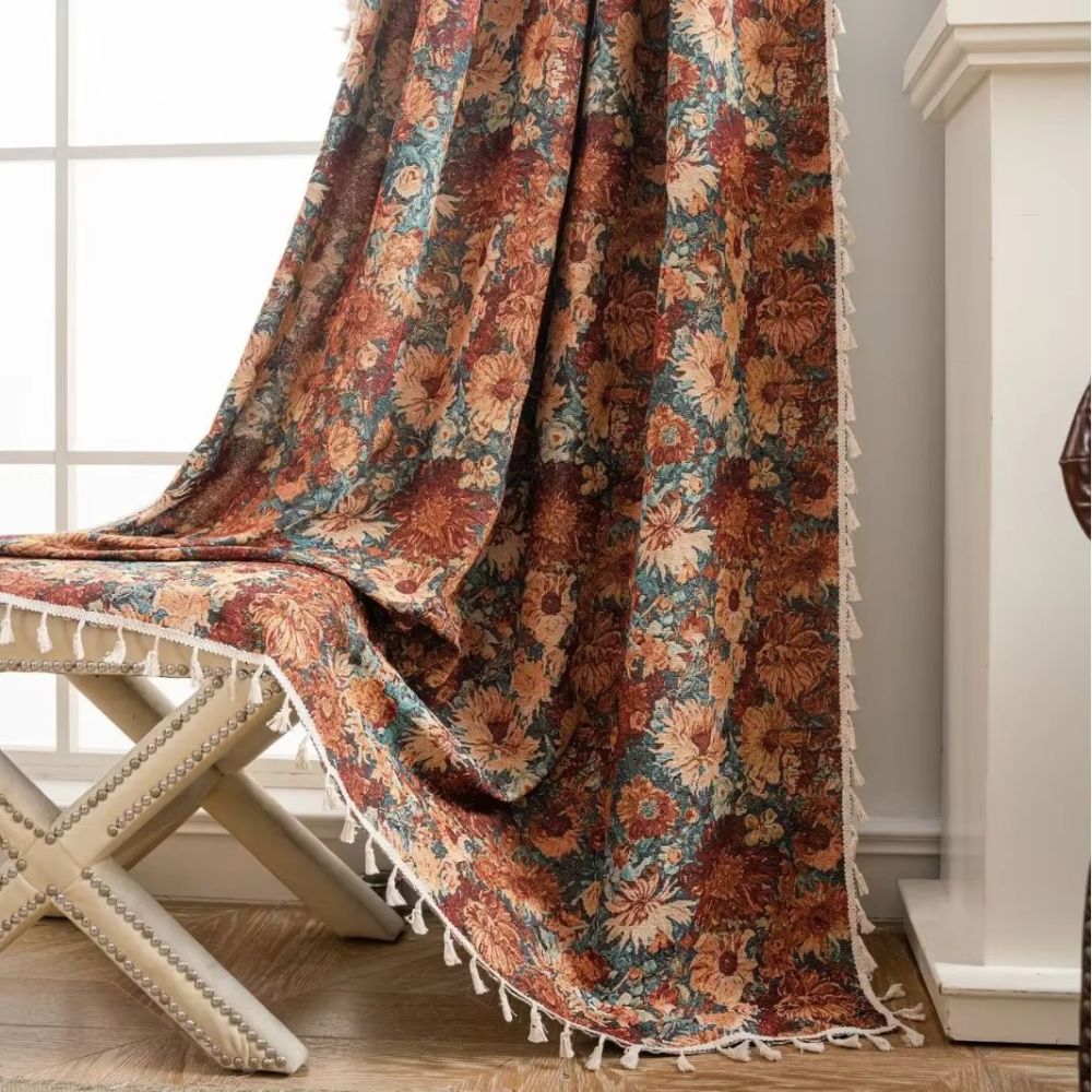 Vintage Microfiber Curtains – Floral Pattern with Tassels for Light Filtering