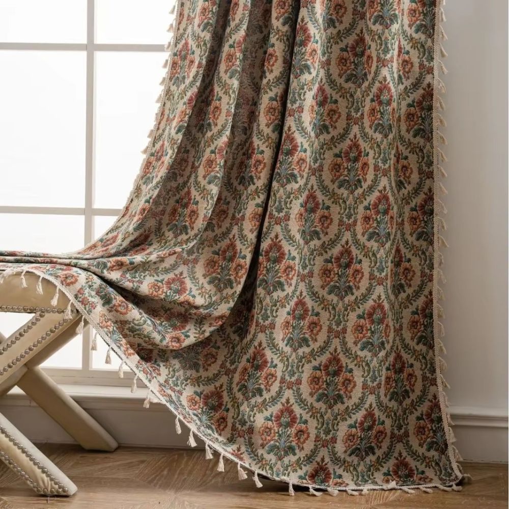 Vintage Microfiber Curtains – Floral Pattern with Tassels for Light Filtering