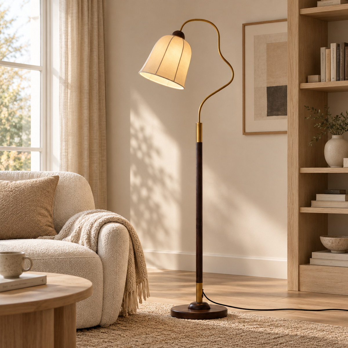 Vintage Ash Wood Floor Lamp with Curved Arm and Fabric Shade
