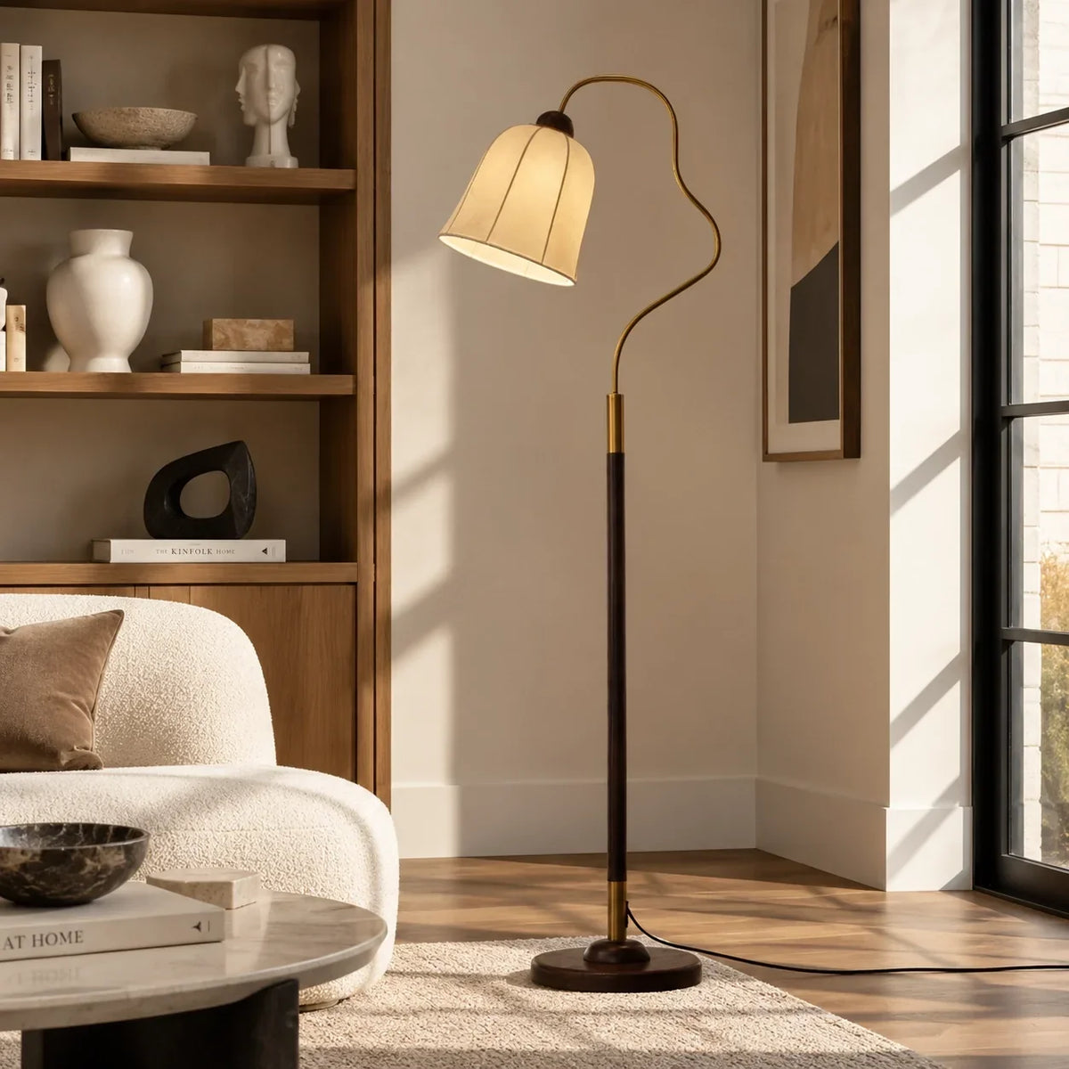 Vintage Ash Wood Floor Lamp with Curved Arm and Fabric Shade