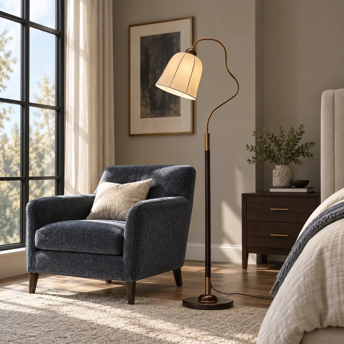 Vintage Ash Wood Floor Lamp with Curved Arm and Fabric Shade