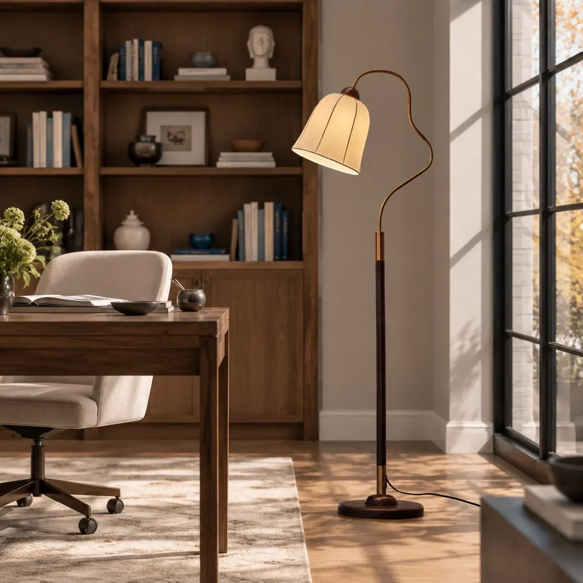 Vintage Ash Wood Floor Lamp with Curved Arm and Fabric Shade