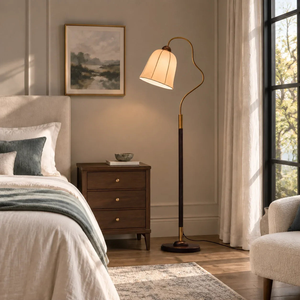Vintage Ash Wood Floor Lamp with Curved Arm and Fabric Shade