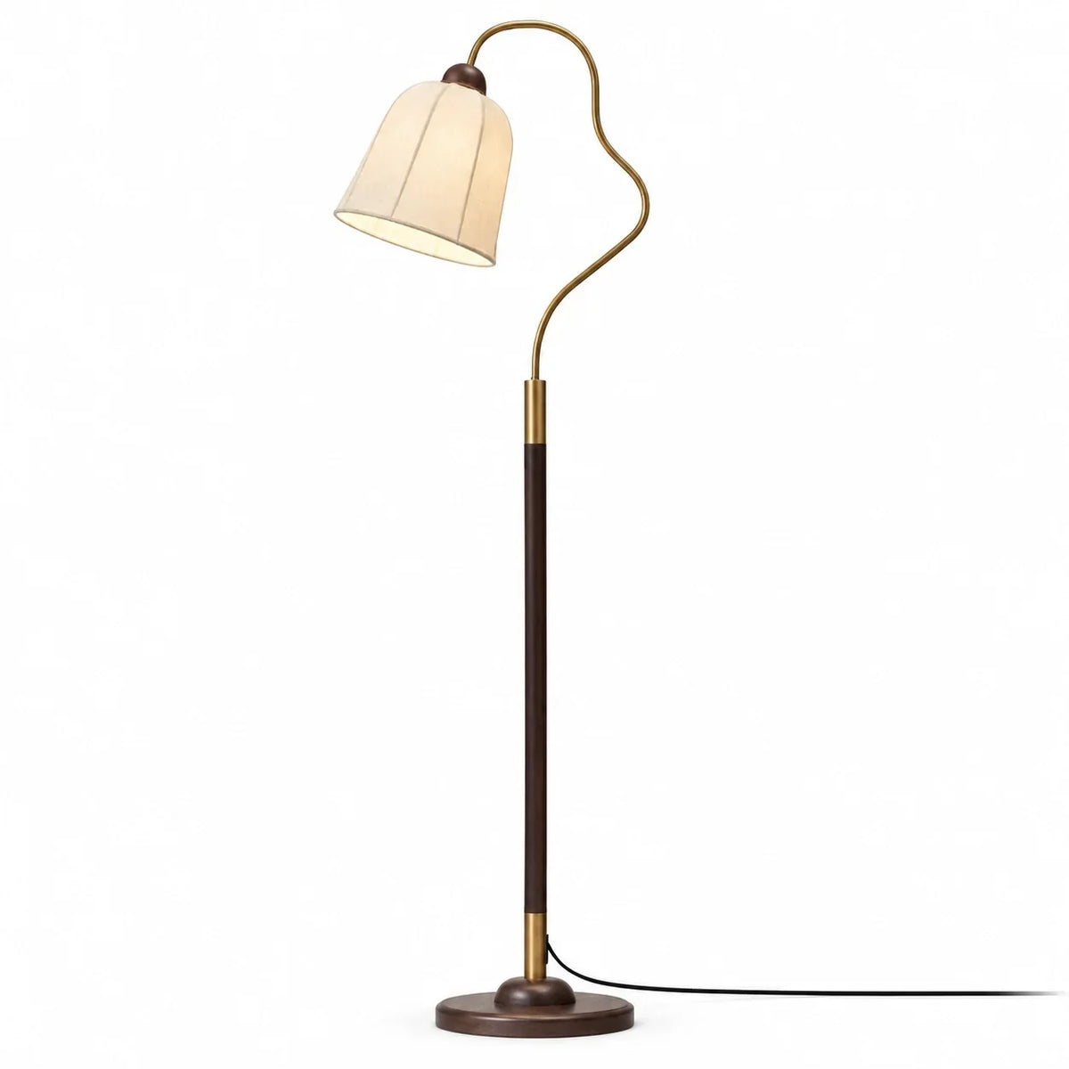 Vintage Ash Wood Floor Lamp with Curved Arm and Fabric Shade