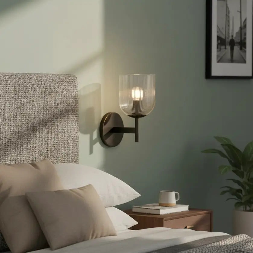 Vintage Ribbed Glass Wall Light – Elegant Brass Details for Living Rooms