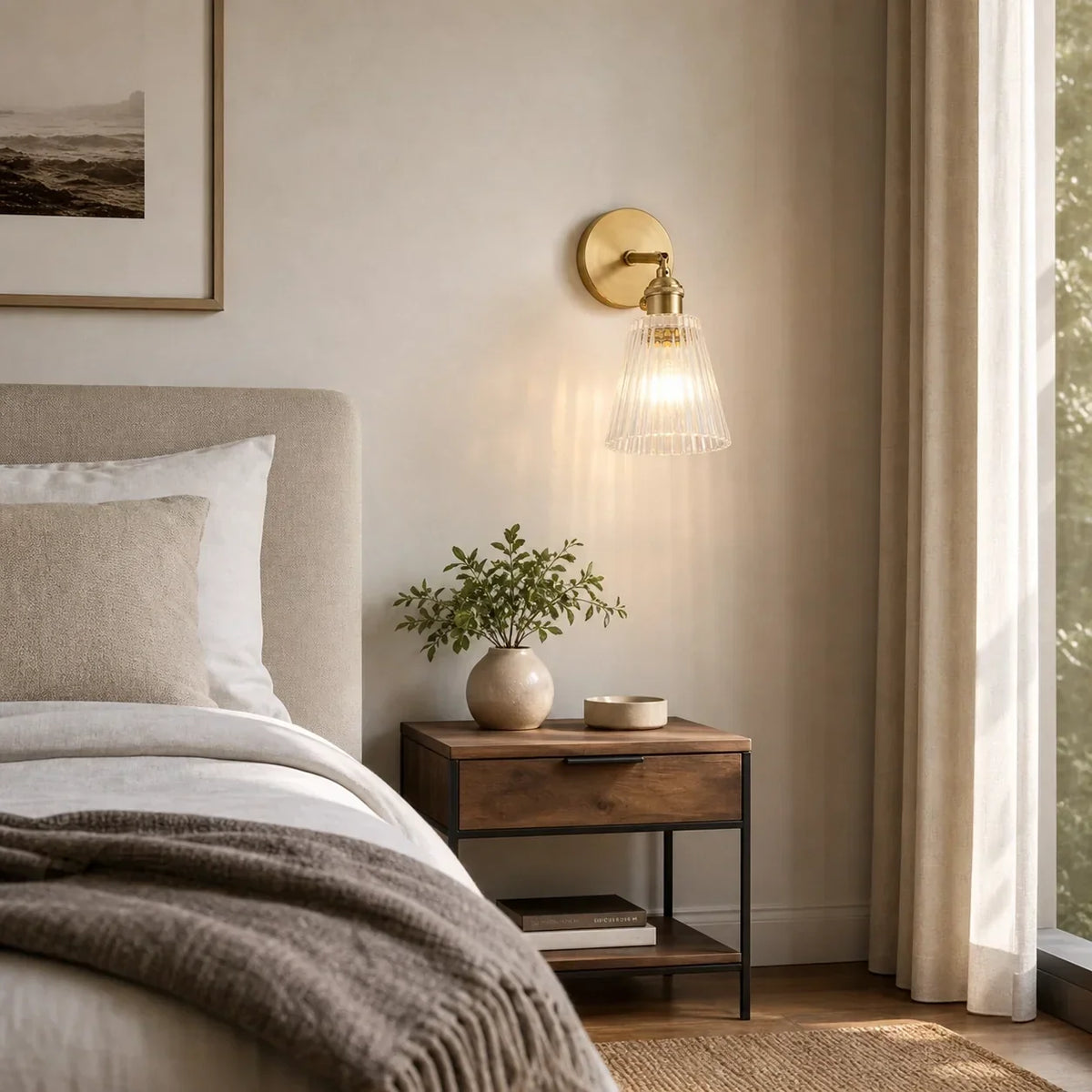 Vintage Brass Wall Light – Ribbed Glass with Adjustable Arm and Soft Light