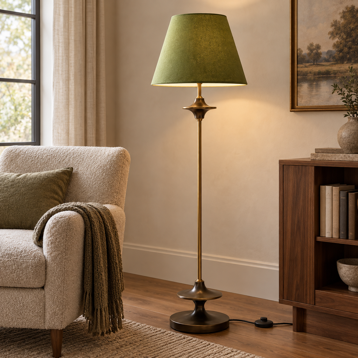 Vintage Fabric Floor Lamp with Conical Shade in Classic Design