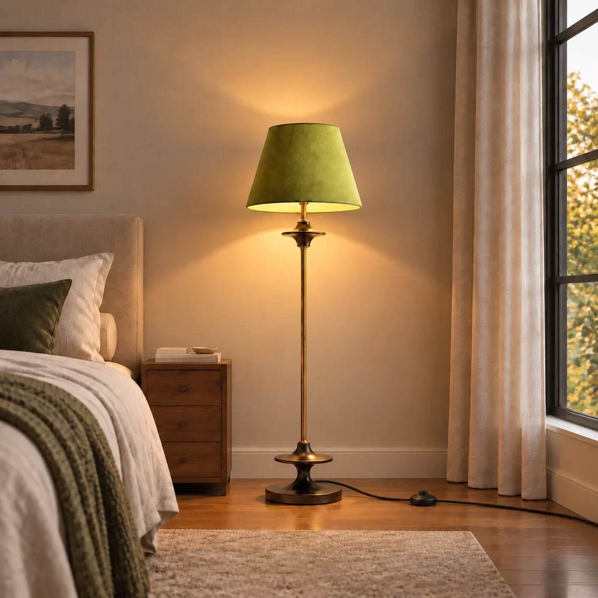 Vintage Fabric Floor Lamp with Conical Shade in Classic Design