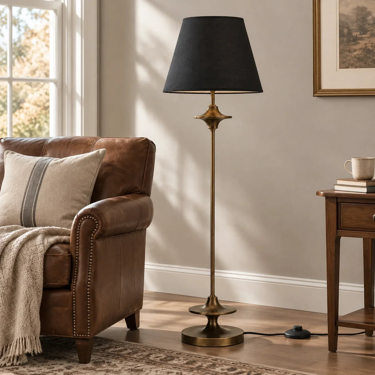 Vintage Fabric Floor Lamp with Conical Shade in Classic Design