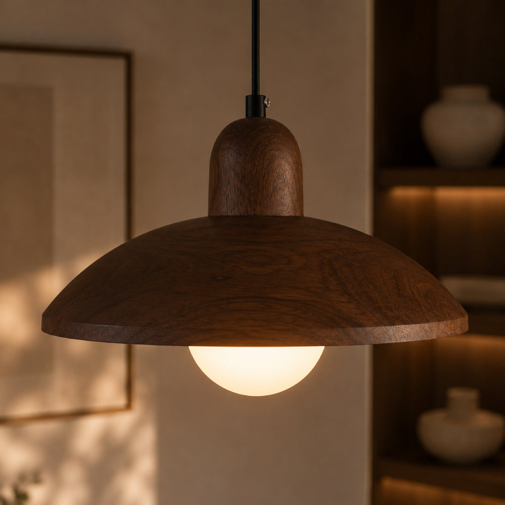 Wabi-Sabi Walnut Pendant Light – Minimalist Design with Ambient Lighting