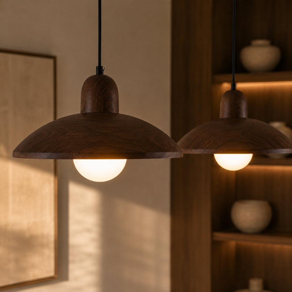 Wabi-Sabi Walnut Pendant Light – Minimalist Design with Ambient Lighting